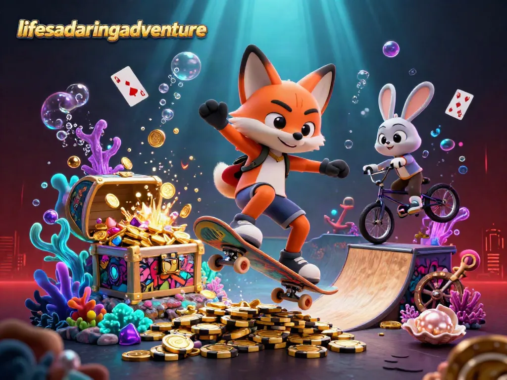 Experience the excitement of lifesadaringadventure with 3D fox and rabbit characters gaming through a vibrant casino scene.