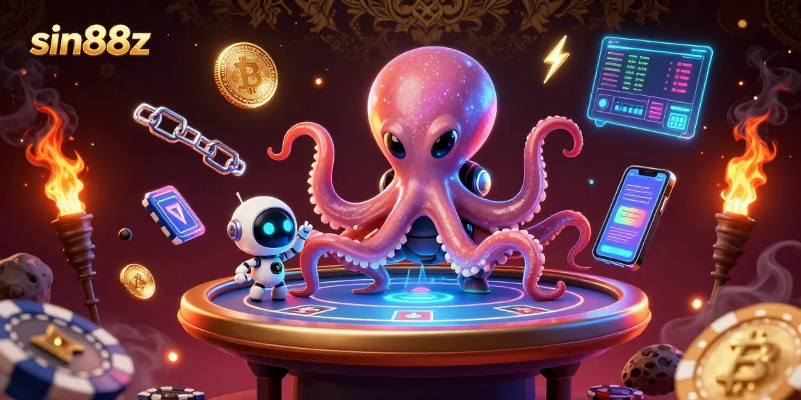 Experience sin88z with a cosmic octopus at a futuristic poker table surrounded by glowing crypto elements.