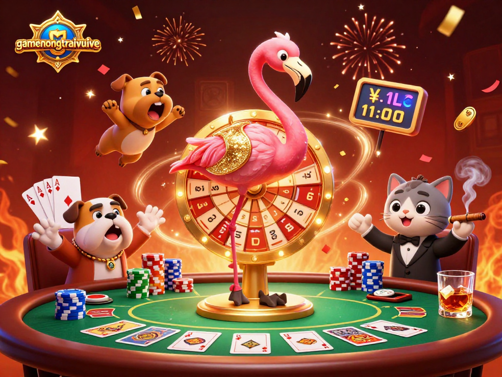 Play exciting games at gamenongtraivuive with vibrant 3D illustrated casino scene filled with dynamic elements.