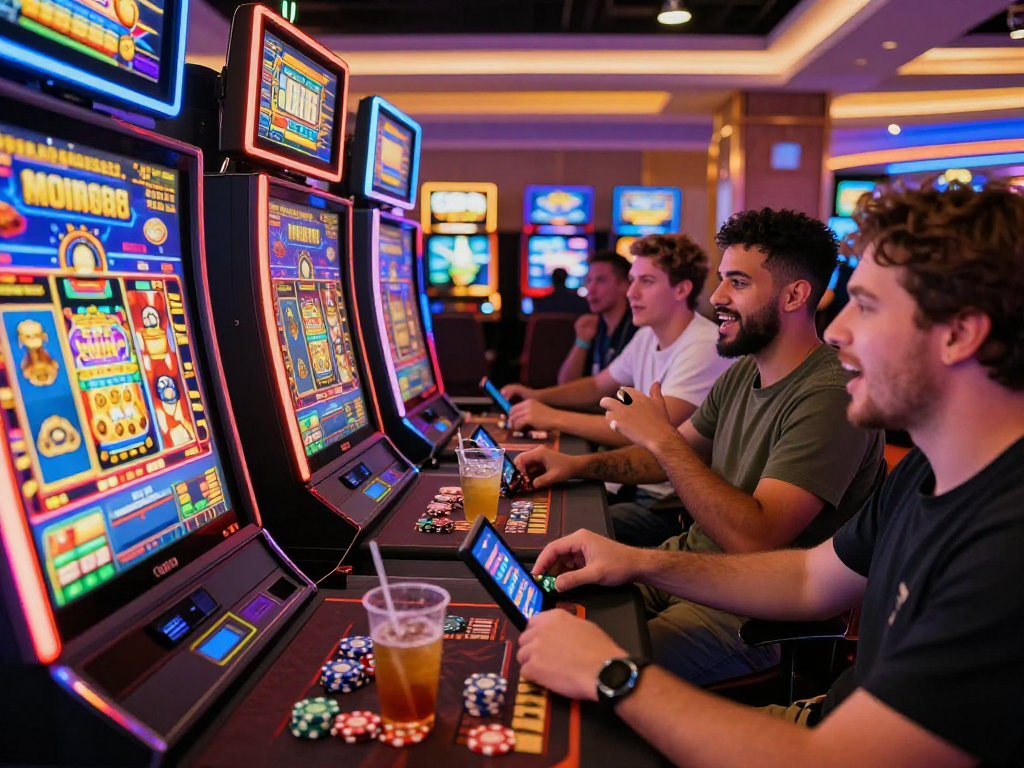 Pengalaman bermain slot88 di kasino dengan pemain yang bersemangat dan mesin slot modern.