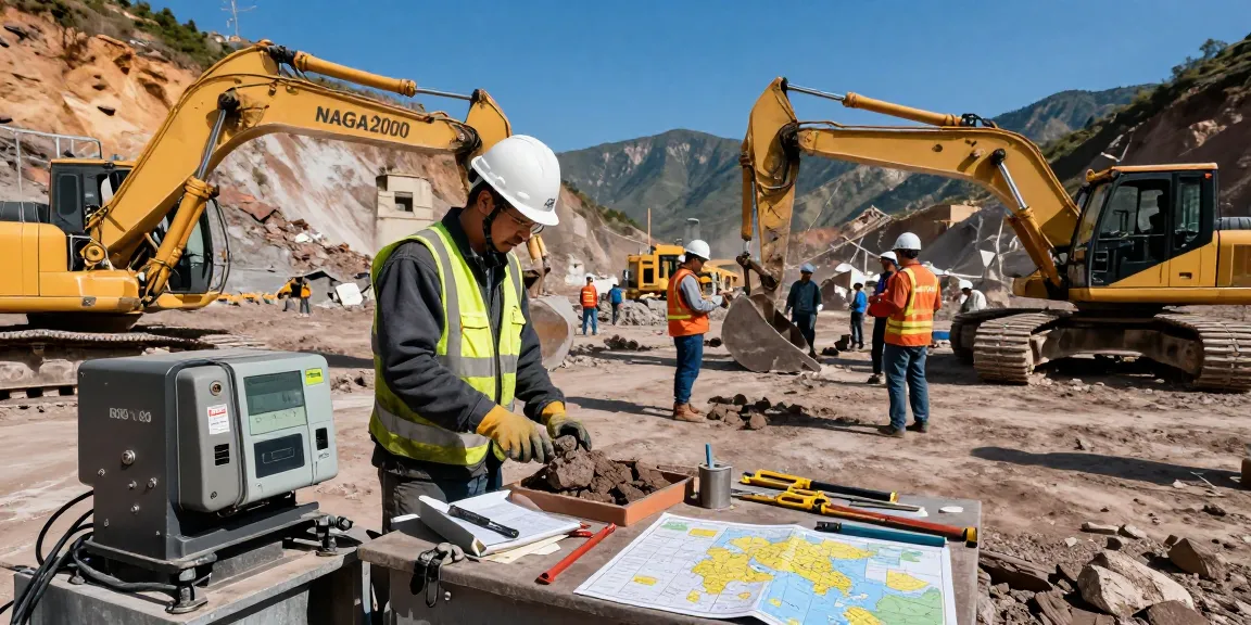 NAGA2000 in action at a gold mining site, showcasing advanced industrial equipment operated by technicians in safety gear, surrounded by heavy machinery.