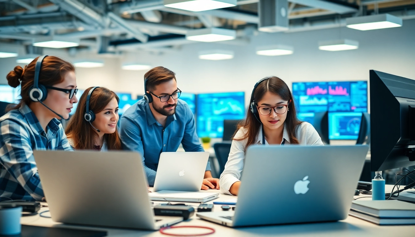 IT support business team actively problem-solving with technology in a modern workplace.