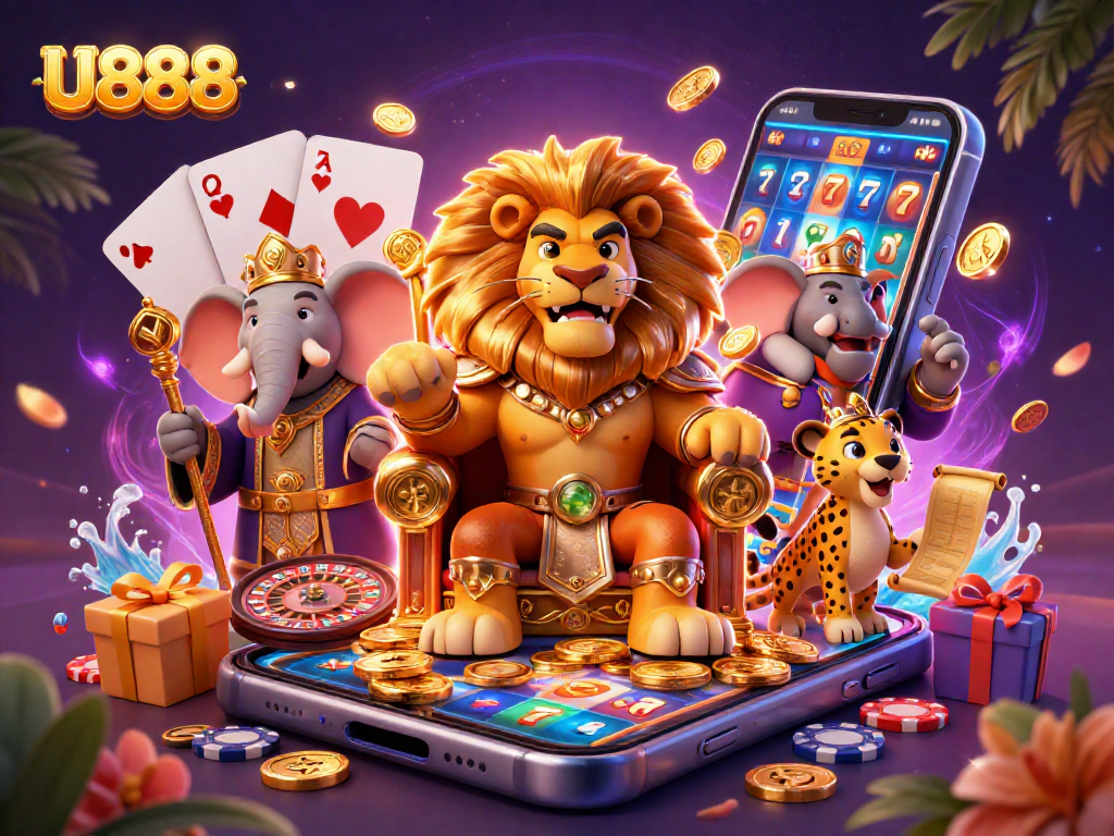 Experience the excitement of U888 with a lion king, wise elephant, and swift cheetah in a vibrant casino scene.
