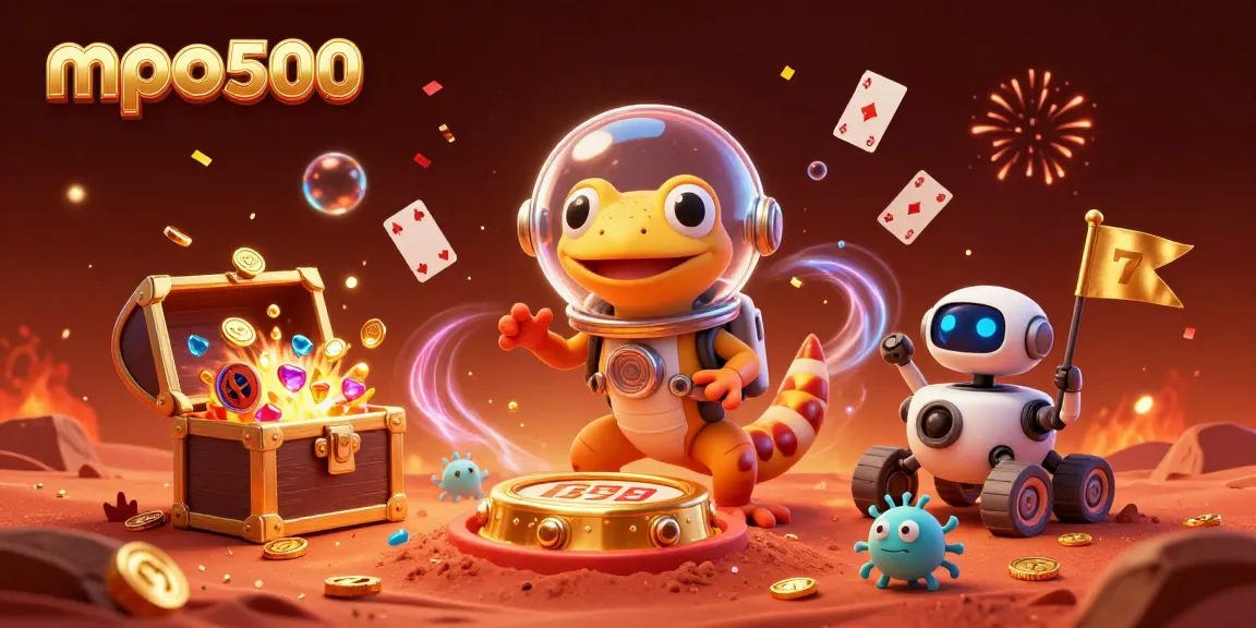 Engage in exciting games at mpo500 with a Martian gecko discovering a golden casino amidst colorful gems and riches.
