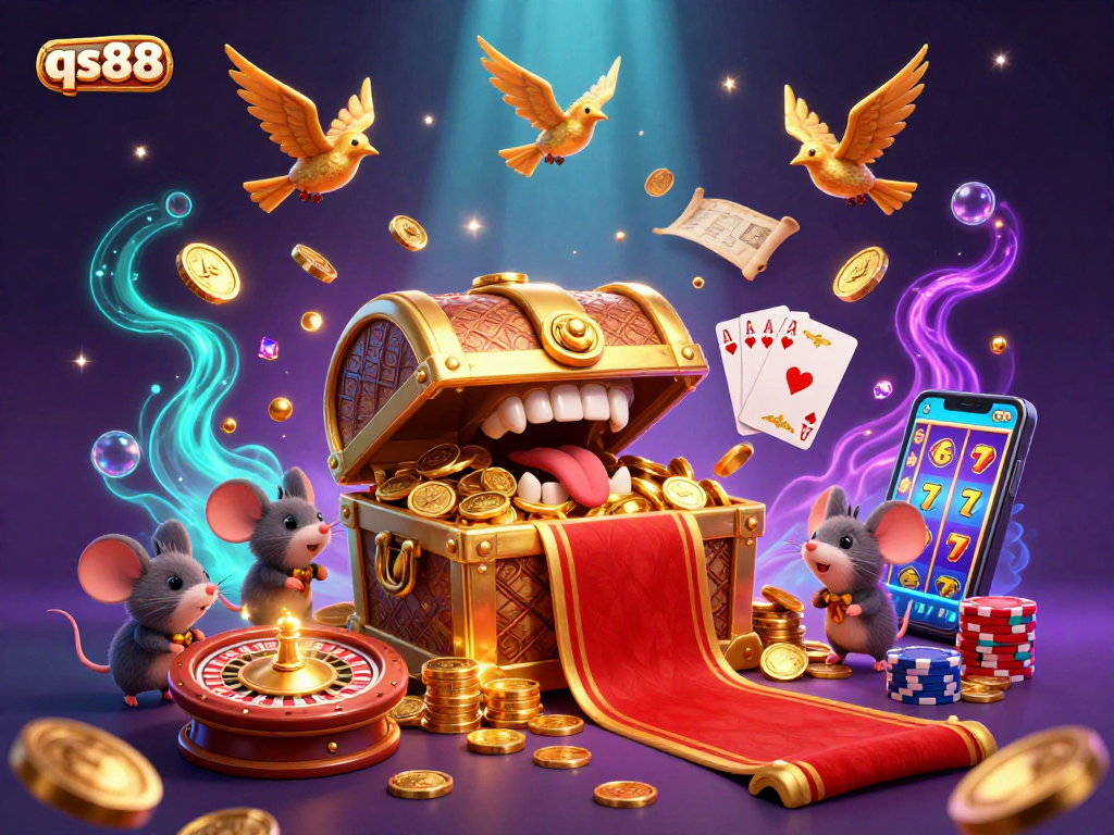 Experience the thrill of the qs88 casino with a vibrant 3D treasure scene filled with coins and games.