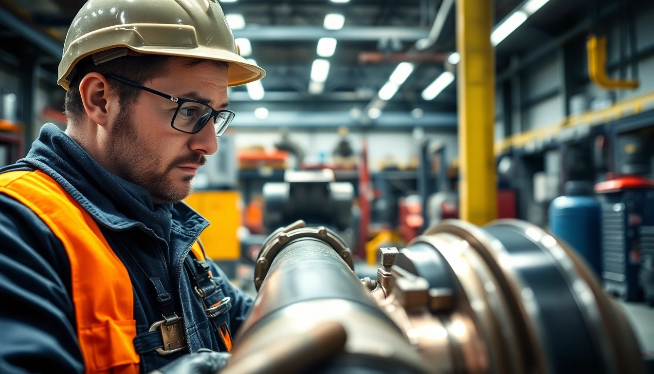 Technician performing hydraulic cylinder repair in an industrial workshop environment.