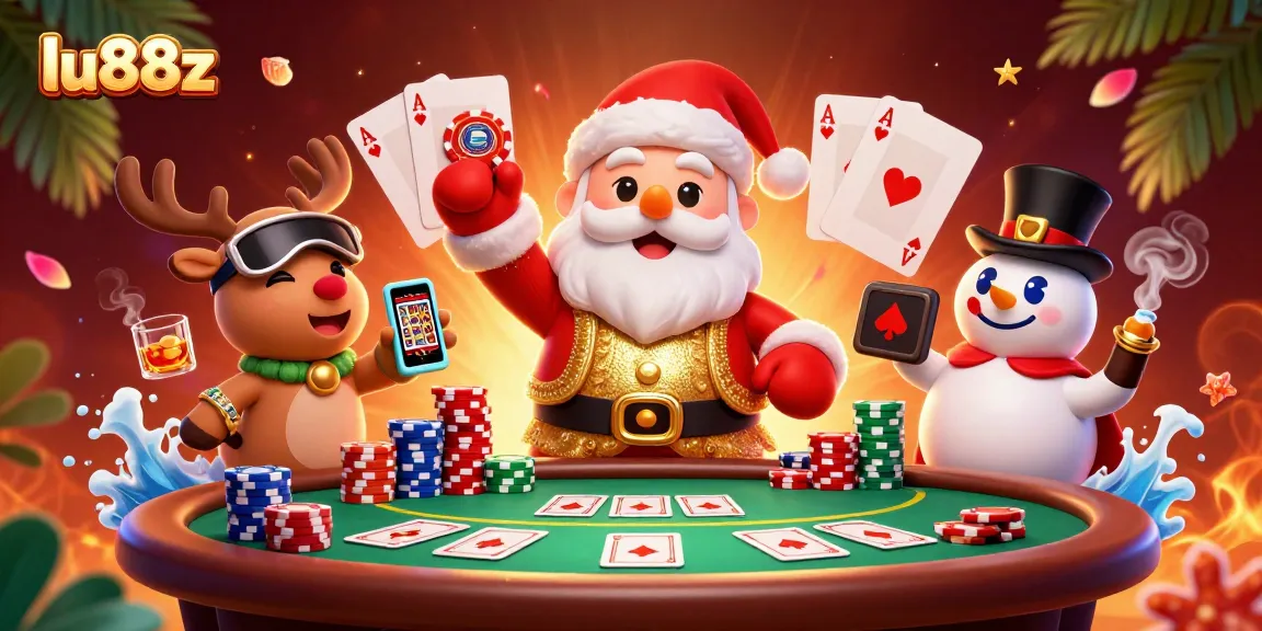 Experience thrilling casino action with lu88z as Santa, a reindeer dealer, and a poker chip snowman delight in a vibrant scene.