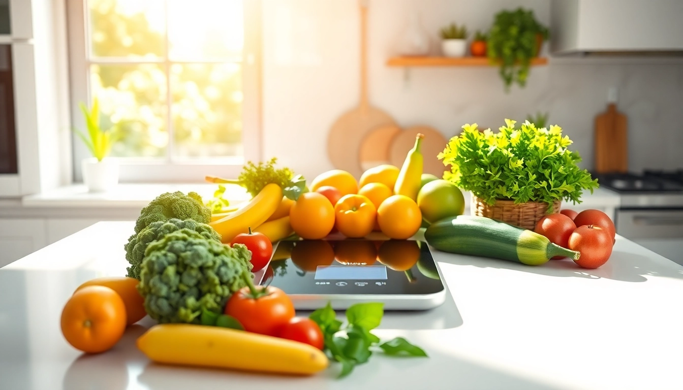 A high-tech display of ai nutrition tools in a bright kitchen, symbolizing healthy eating.