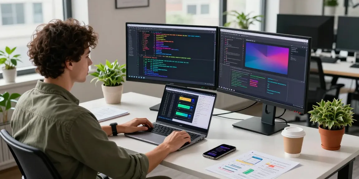 Dynamic tech workspace with bdtjl software developer coding on dual monitors, modern design environment.
