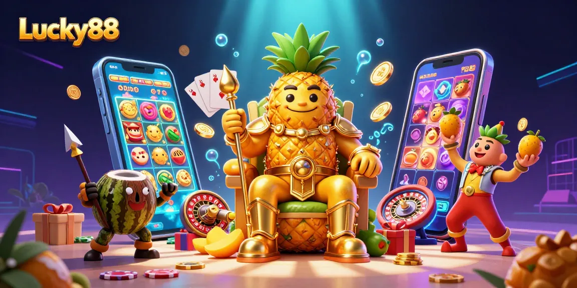 Experience the excitement of Lucky88 with vibrant slot reels and playful casino characters.