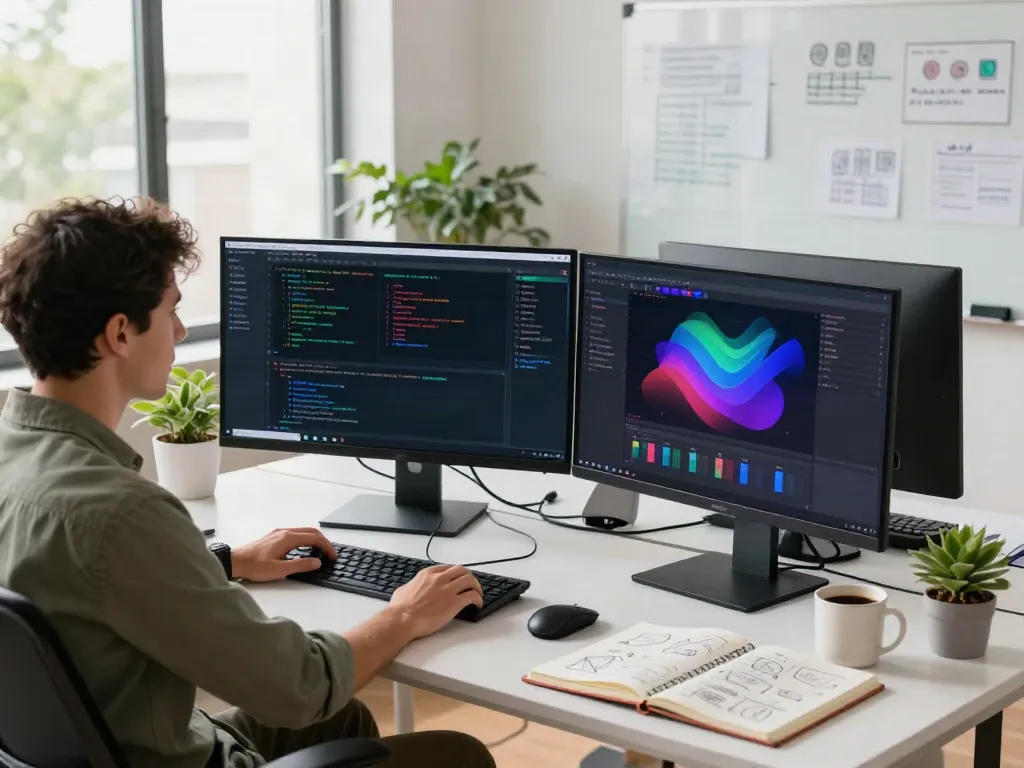 Developer coding on Brave browser project in a modern workspace
