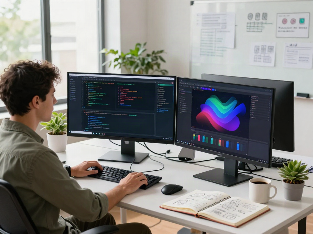 Developer coding on Brave browser project in a modern workspace