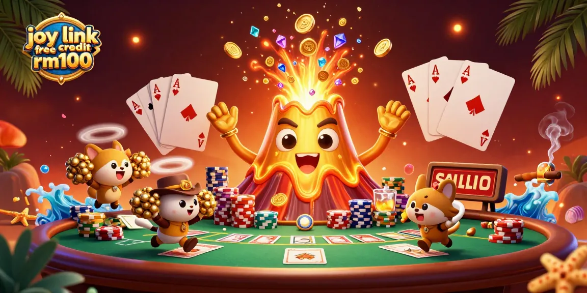 Play with joy link free credit rm100 in an exciting casino scene featuring vibrant characters and poker elements.