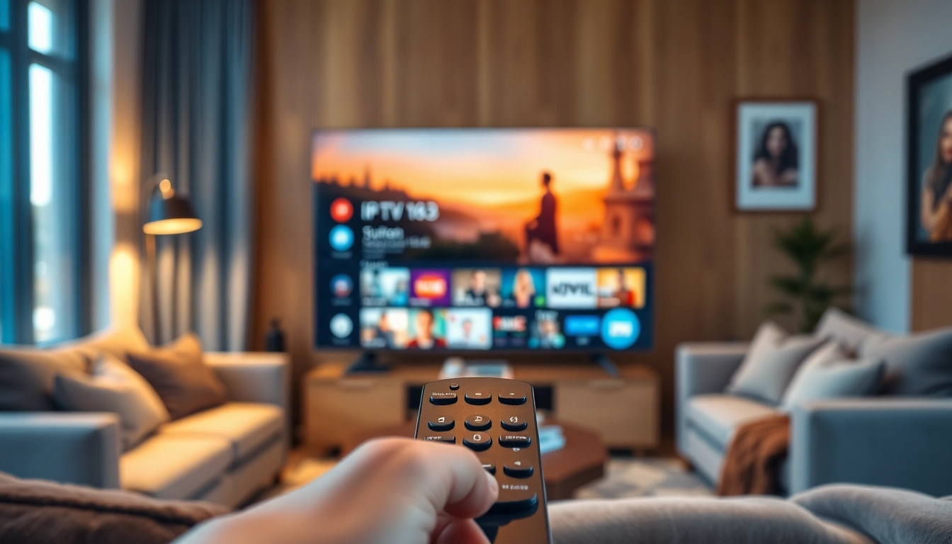 Experience the Free IPTV Trial 24 Hours with an interactive TV interface in a cozy setting.