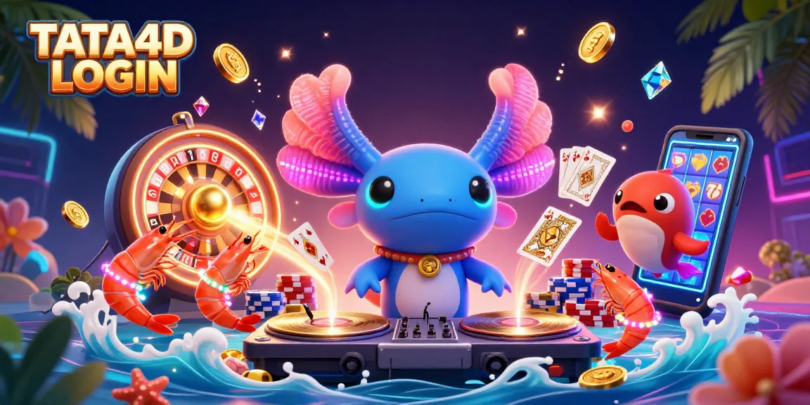 TATA4D LOGIN visualizes a vibrant casino scene with an axolotl DJ and festive sea creatures.