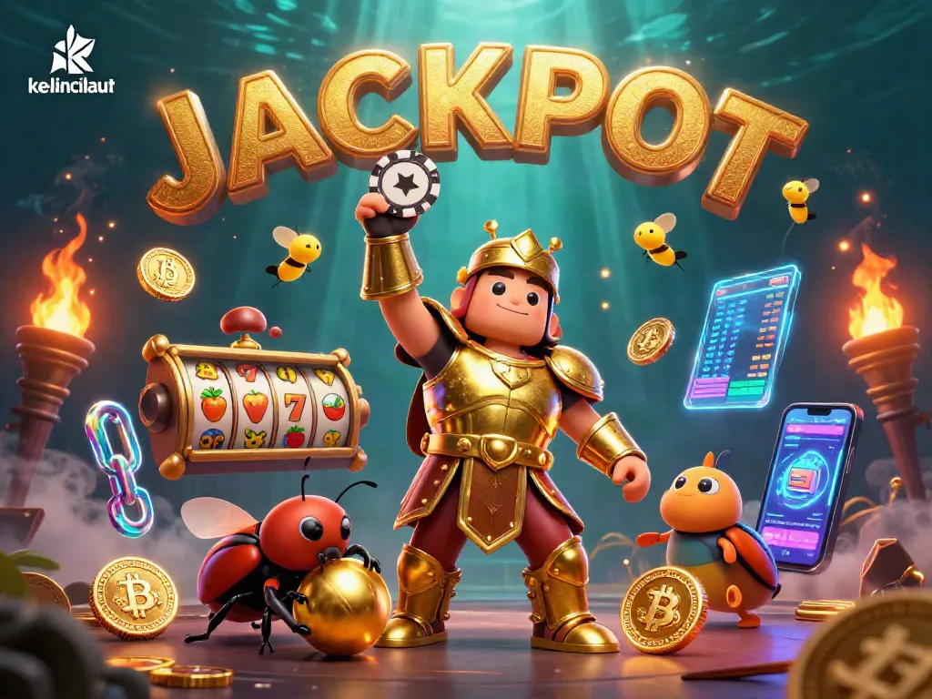Kelincilaut's vibrant gaming scene showcasing a victorious beetle with jackpot elements, optimized for an immersive online experience.
