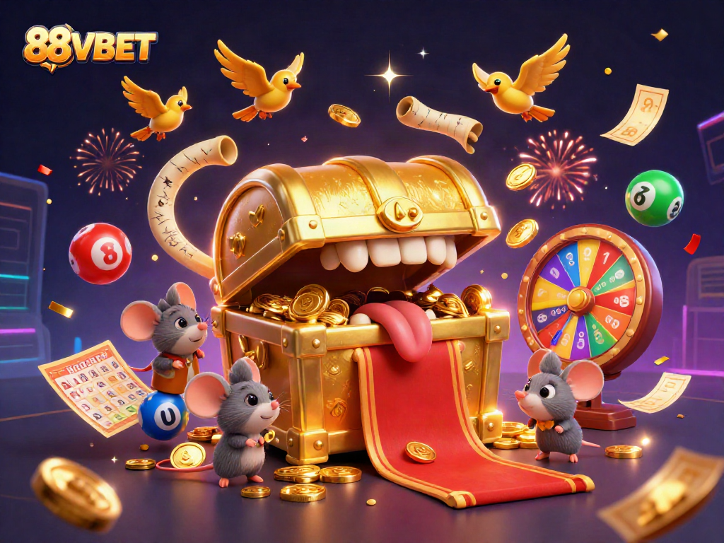 Bet big with 88VBET as a treasure chest lures adventurers amid festive gambling chaos.