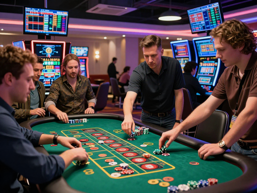 Crypto casino players engaged at roulette table with digital market displays.