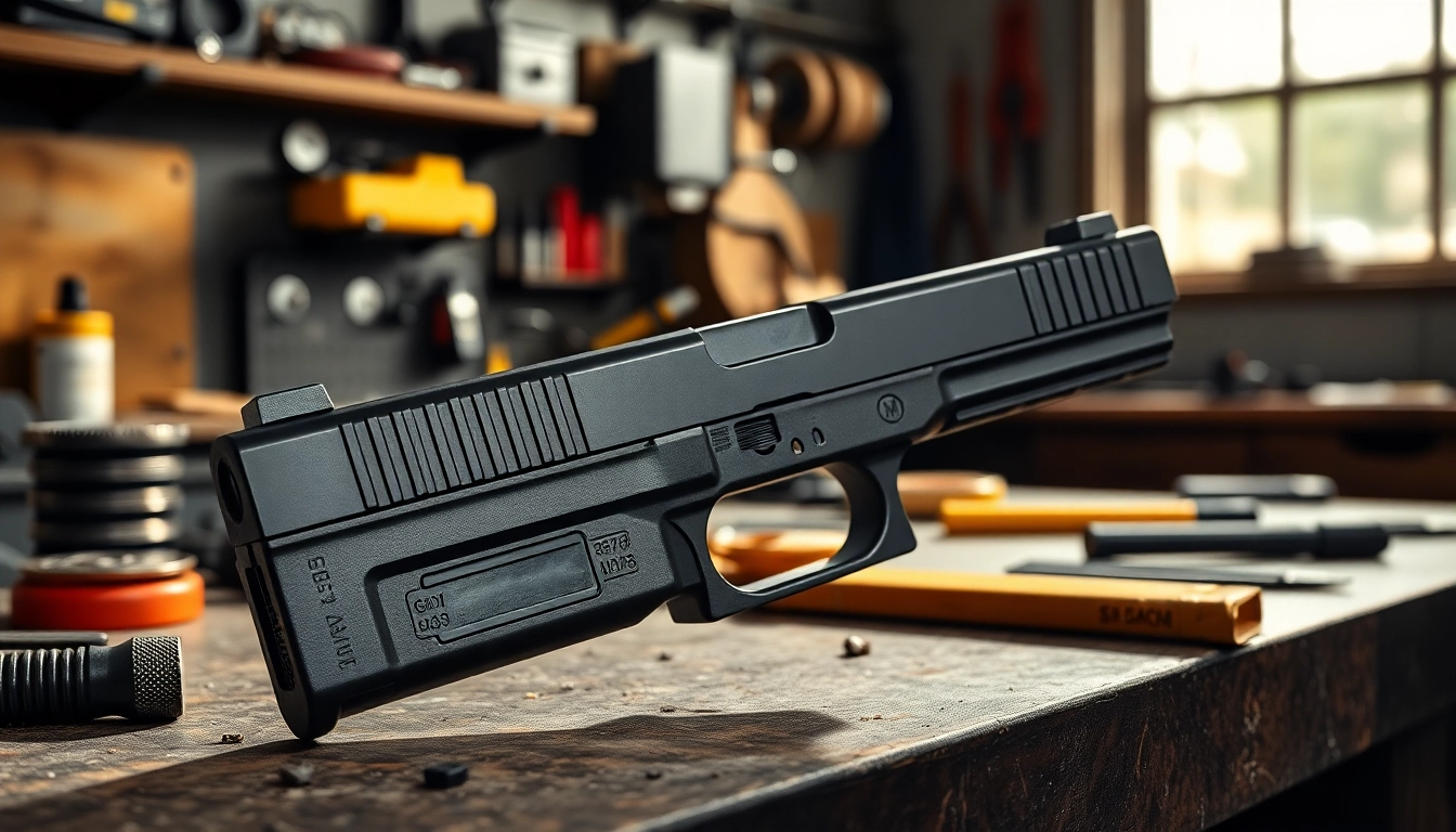View of a glock 17 slide highlighting its precision craftsmanship and design in a workshop environment.