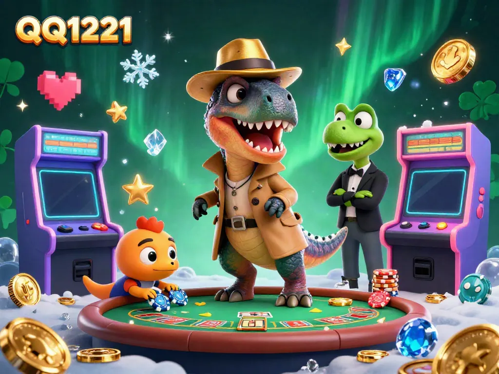 Experience QQ1221 winning moments with a cartoon velociraptor and gaming elements in a dynamic casino setting.