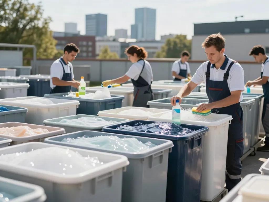Professionelle Containerreinigung Bochum mit Reinigungsteams und sauberen Containern im Stadtbild.