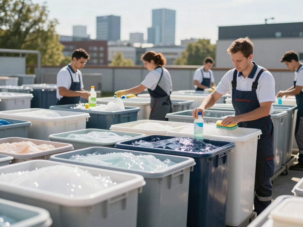 Professionelle Containerreinigung Bochum mit Reinigungsteams und sauberen Containern im Stadtbild.