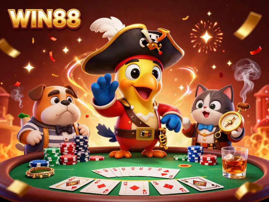 Experience the excitement of WIN88 with vibrant 3D characters, poker elements, and captivating details.