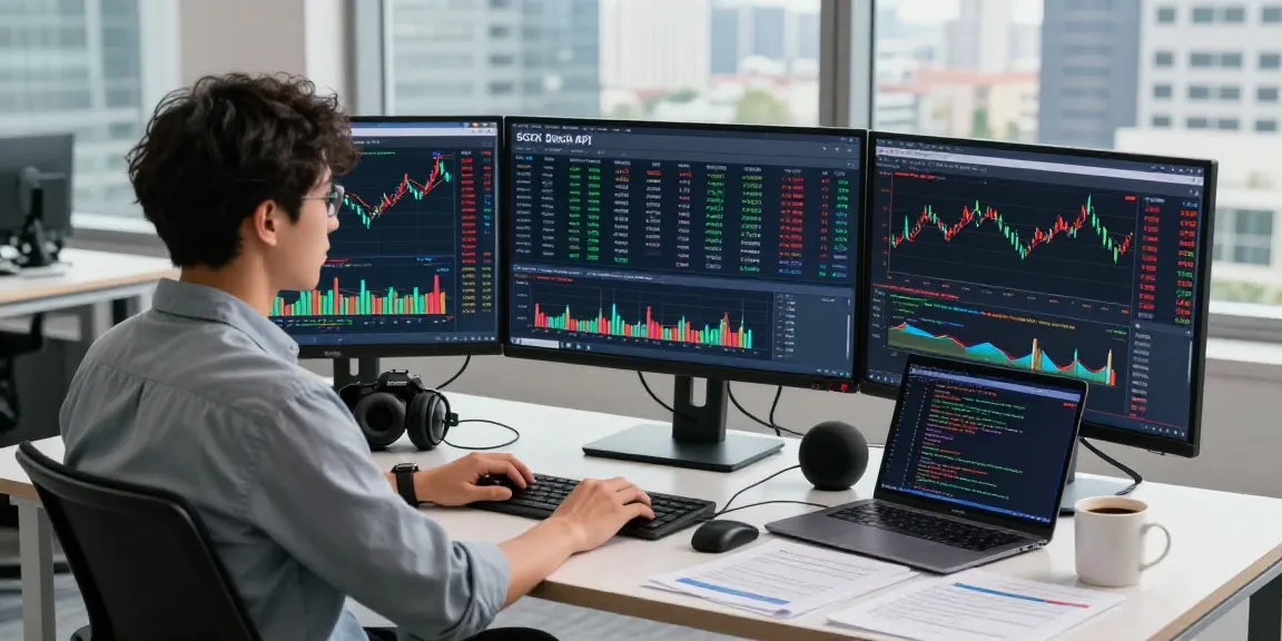 Financial analyst using a multi-ticker SGX stock batch API in a modern trading workspace, analyzing real-time stock data.
