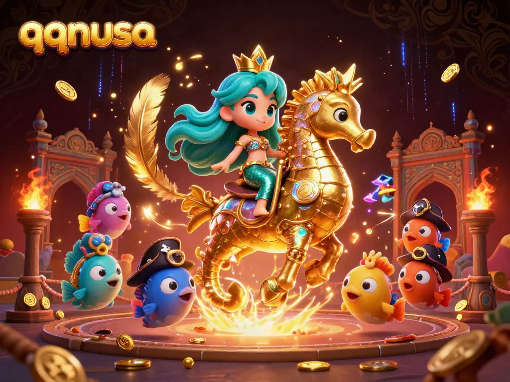 Experience excitement at qqnusa with vibrant casino elements, golden treasures, and animated characters.