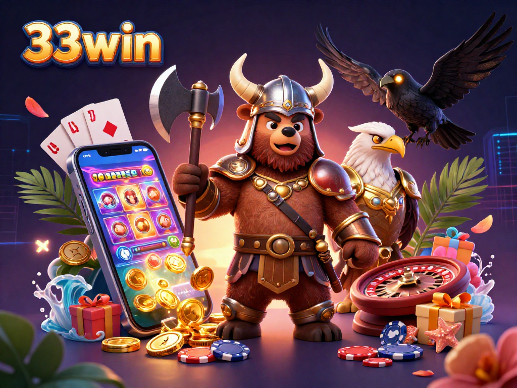 Engage with 33win's thrilling 3D casino adventure featuring a Viking bear, Valkyrie eagle, and dynamic game elements.