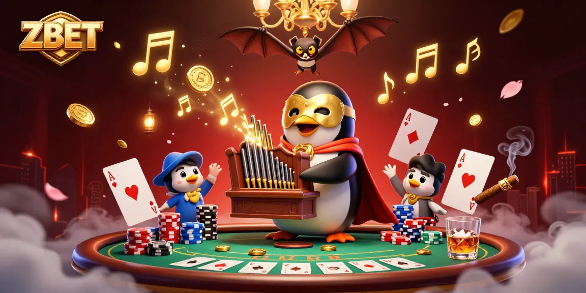 ZBET features a 3D cartoon phantom opera penguin amidst a dynamic casino scene with poker elements.
