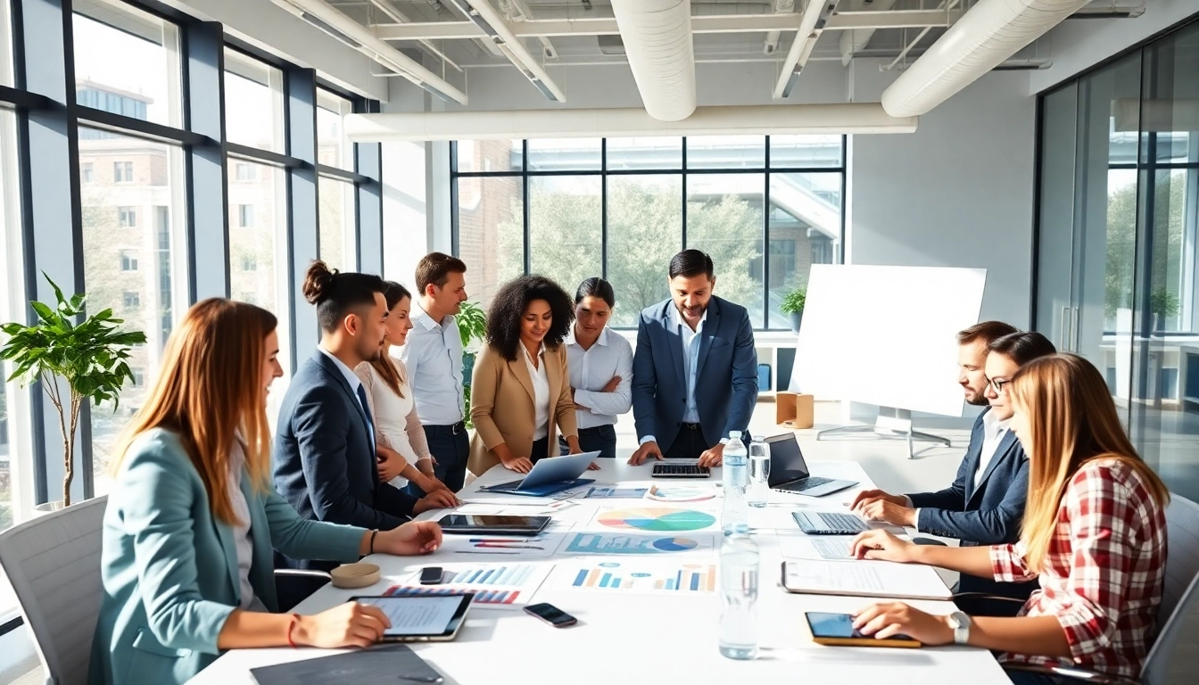 Engage with digital marketing agency services through collaborative brainstorming in a vibrant office.