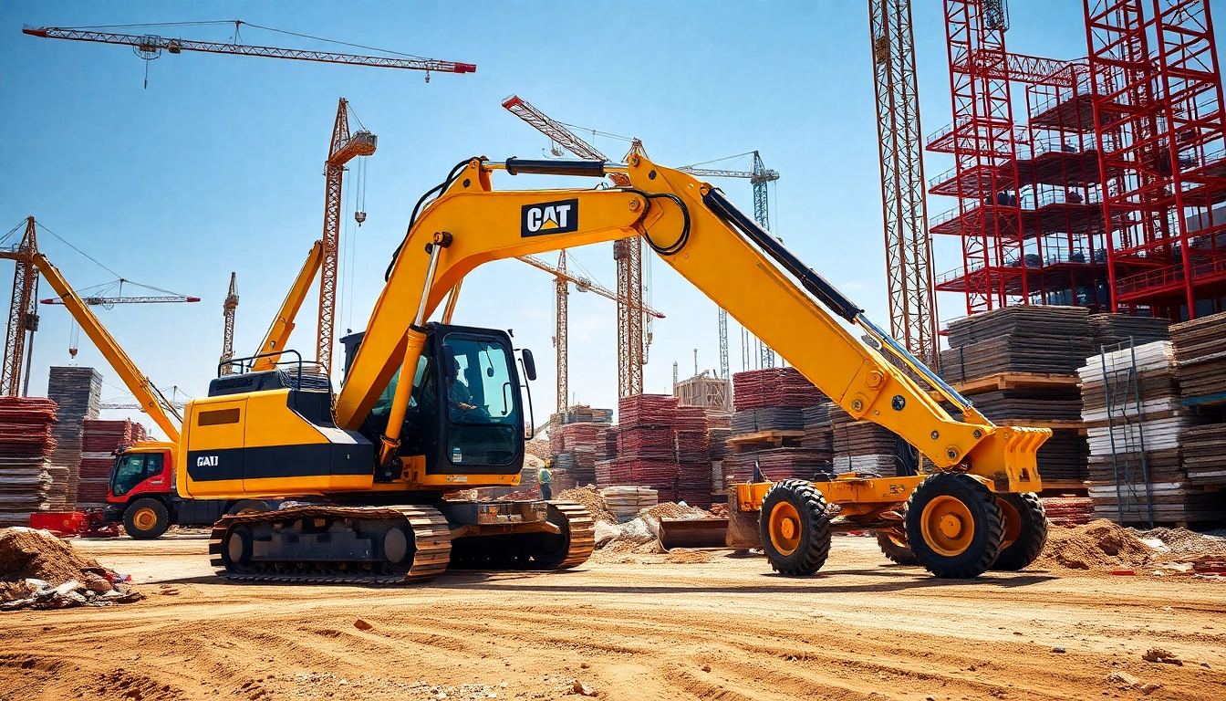 Gradall excavator operating on a construction site with dynamic machinery in action.