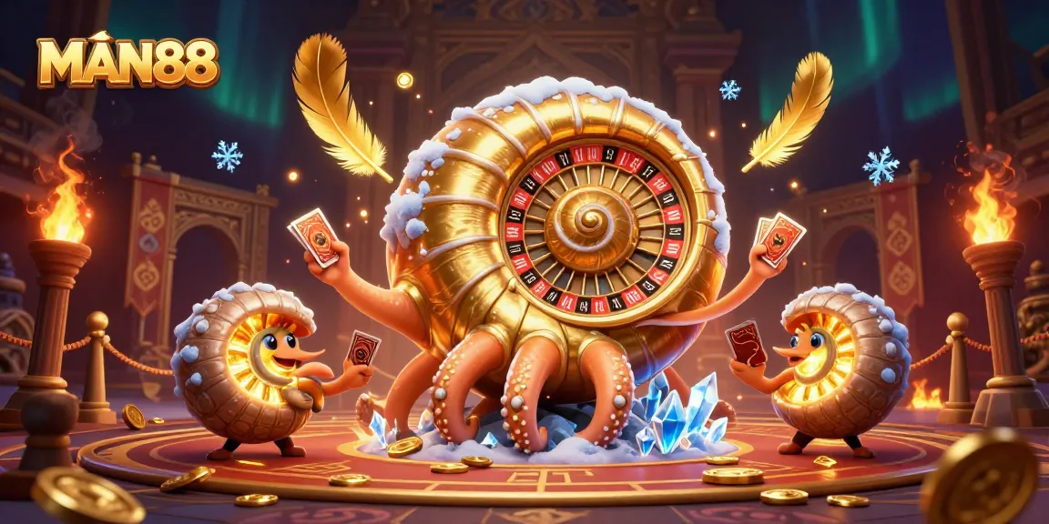 Engage with MAN88's thrilling casino scene, featuring a giant nautilus roulette and vibrant gaming action.