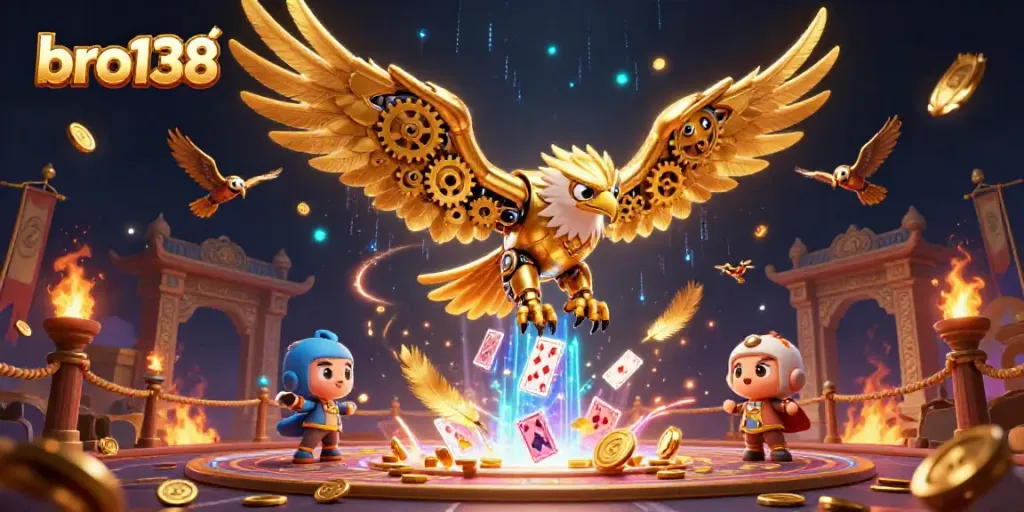Experience vibrant gaming action with bro138, showcasing a cybernetic eagle amidst explosive casino elements.