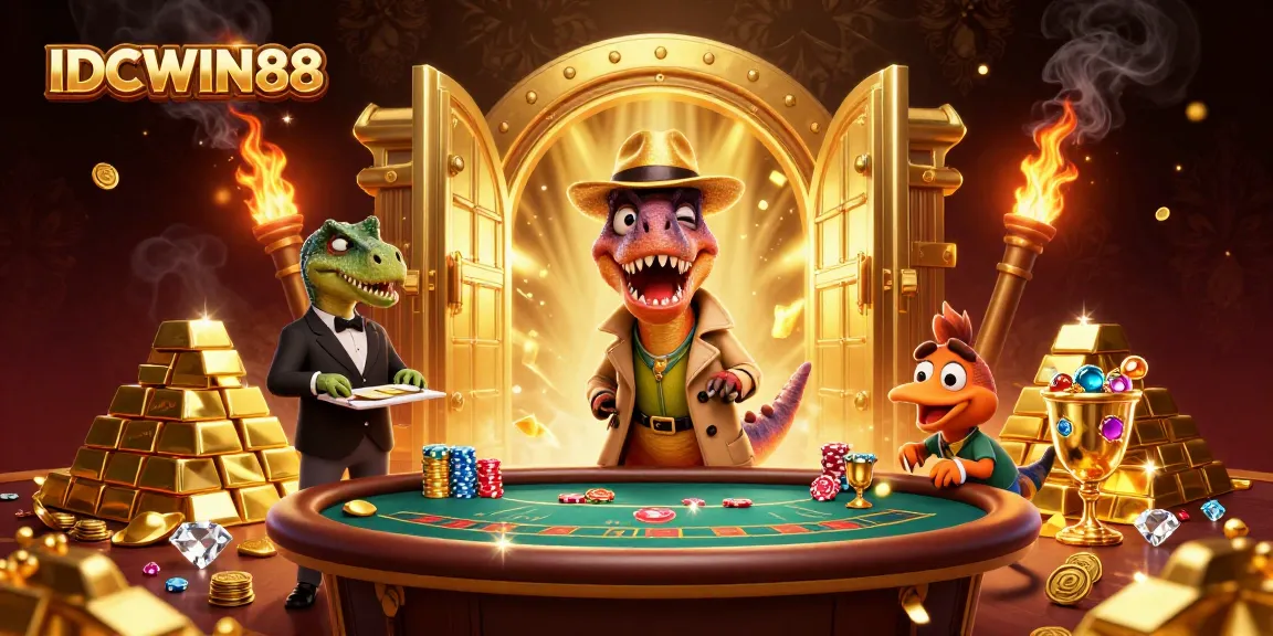 Experience thrilling gameplay at IDCWIN88 with cartoon dinosaurs at a blackjack table and golden treasures.