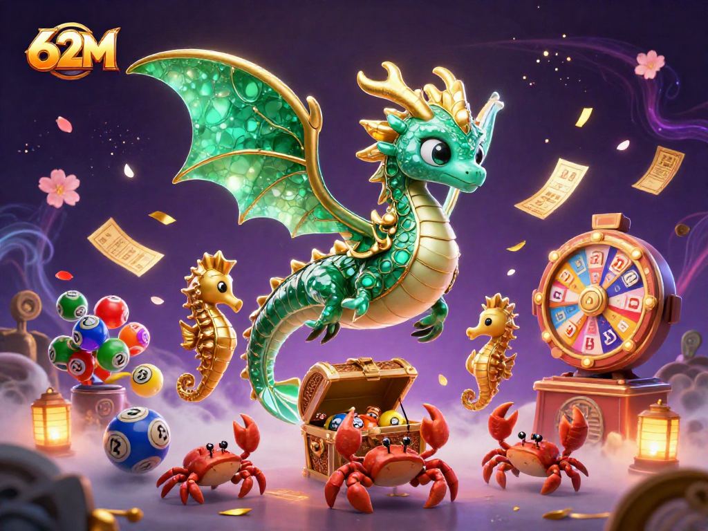O 62M oferece ação vibrante com bolas de loteria coloridas e um dragão marinho de elementos de cassino.