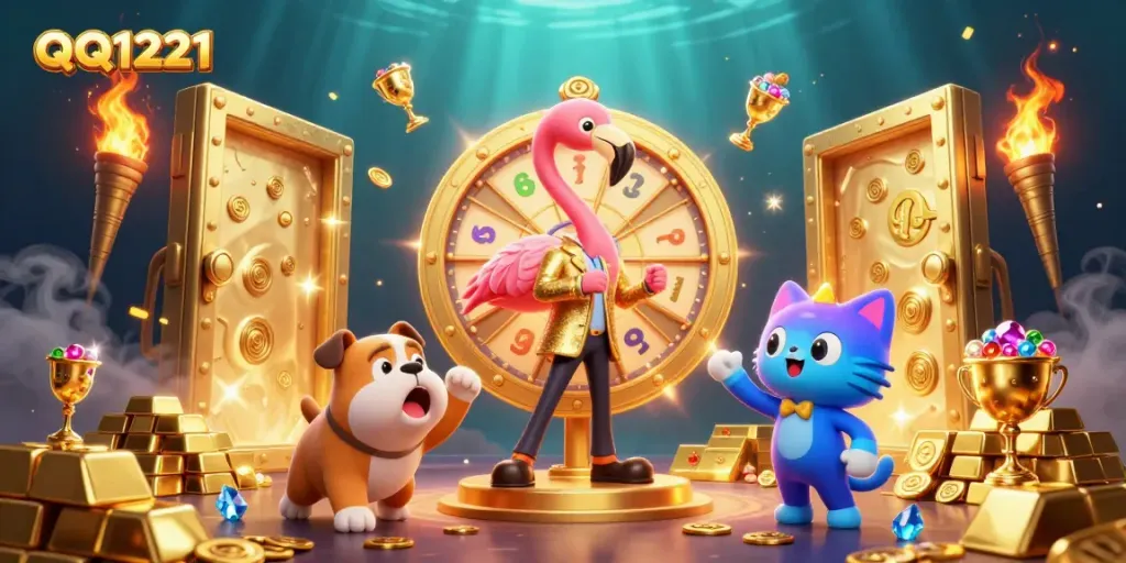 Experience the excitement of QQ1221 with a game show host, colorful characters, and golden treasures.