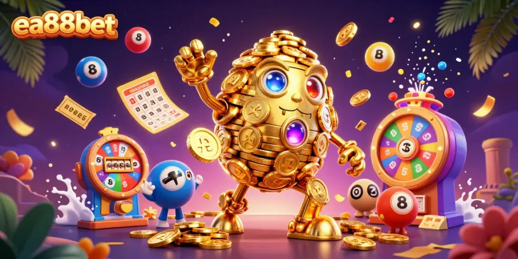 Experience the thrill of ea88bet with dynamic lottery elements and a golden golem character.