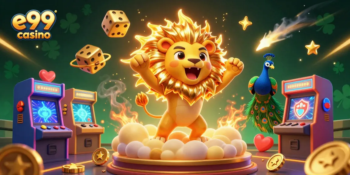 Experience the thrill of e99 casino with a dynamic 3D illustration of a sun lion and golden dice.