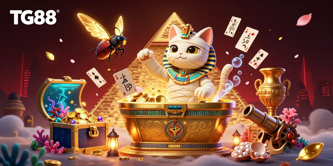 Engage in the thrilling world of TG88 with vibrant symbols and energetic gameplay, featuring a captivating mummy cat.