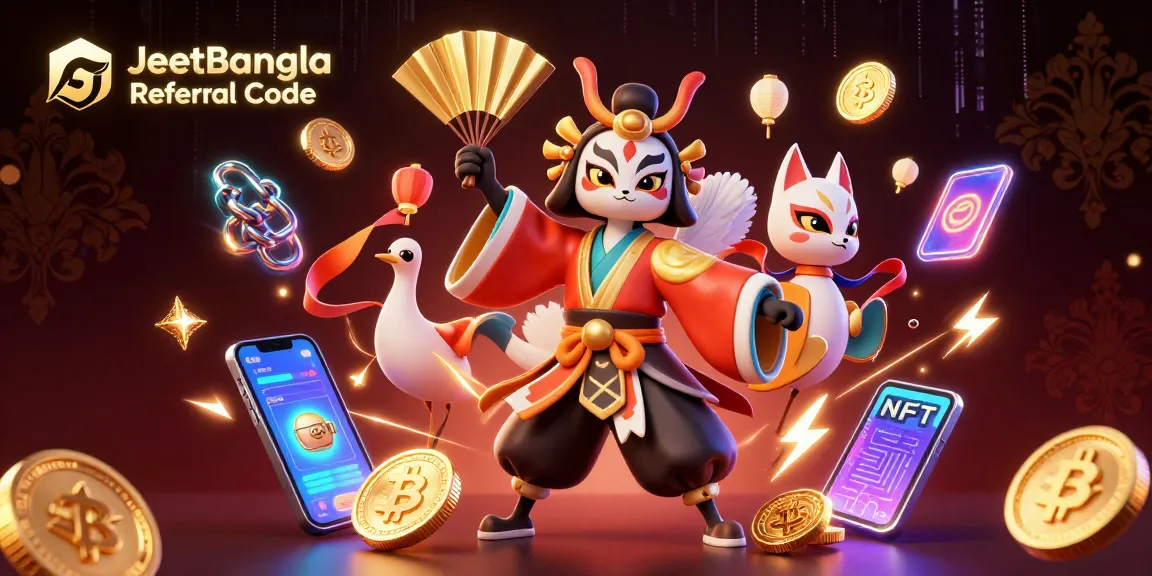 Experience prosperity with JeetBangla Referral Code as avatars showcase casino elements and digital assets.