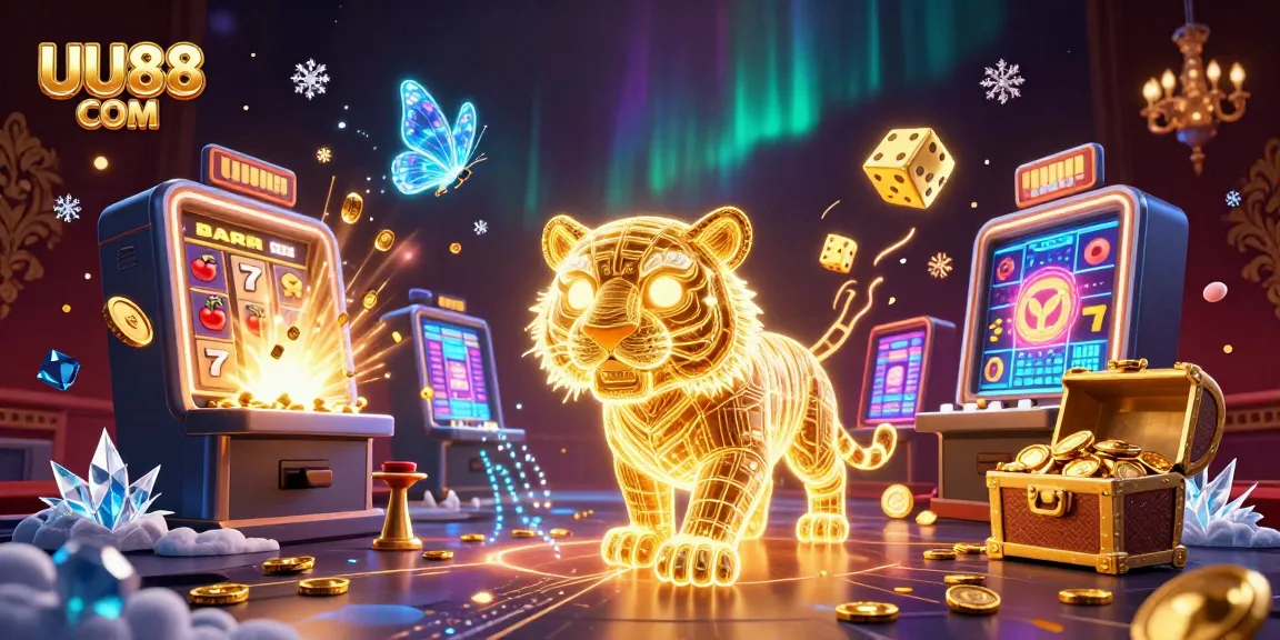 Experience the thrill at UU88 COM with a vibrant digital casino scene of a neon tiger amidst jackpots and games.