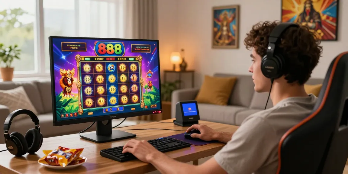 Engaging player at home enjoying 888 slot game with Zeus theme, colorful graphics.