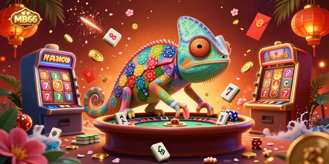 Engage with MB66's vibrant 3D casino scene featuring dynamic gambling elements and a colorful chameleon owner.