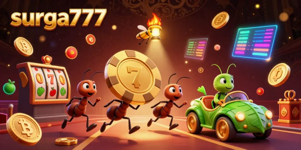 Join the ants' thrilling heist at surga777, navigating a vibrant casino tunnel with golden poker chips.
