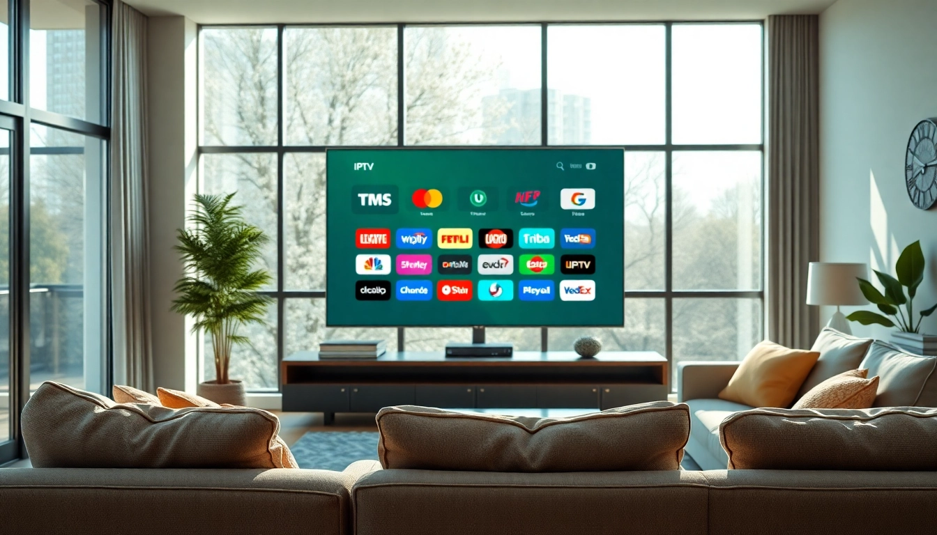 Explore FREE IPTV Trial options featuring colorful channel logos on a smart TV in a cozy living room.