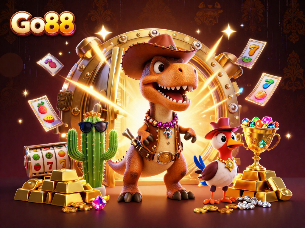 Experience the excitement of Go88 with a cartoon cowboy T-Rex amidst vibrant slot and treasure elements.