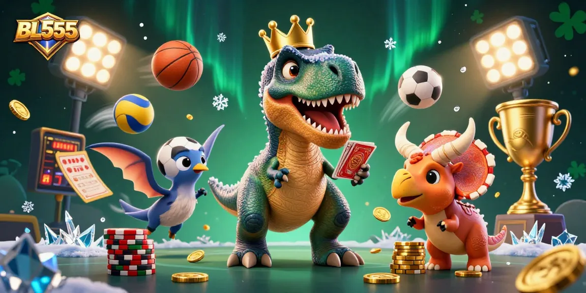 Engage in dynamic gaming action at BL555 with T-Rex shuffling cards and a triceratops stacking chips.