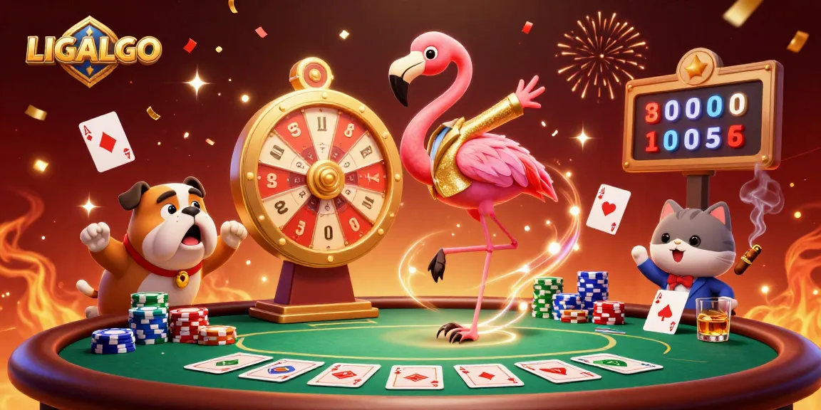 LIGALGO captivates with a lively scene featuring a flamingo host, bulldog contestant, and scoreboard cat, amidst poker action.